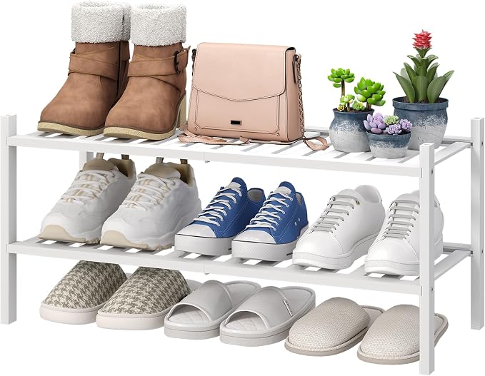 viewcare White Shoe Rack for Entryway, 2 Tier Shoe Organizer for Hallway Closet, Bamboo Wood Shoe Racks for Indoor Outdoor (White, 2-Tier) by VIEWCARE