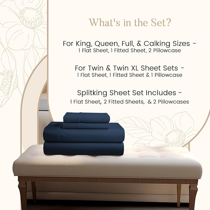 100% Egyptian Cotton Sheets Queen Size Set, 800TC Deep Pocket Queen Sheets Set, Soft Breathable Sateen Weave 4PC Elasticated Sheet & Pillowcase Sets, No Pill & Shrink, Fade Resistant- Dark Denim