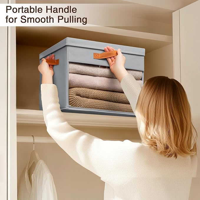 Homsorout Large Storage Bins with Lids - 6 Pack Foldable Decorative Organizers with Clear Windows & Handles, Cube Storage Organizers for Clothes, Blankets, Sweaters, Sheets, Grey - Image 4