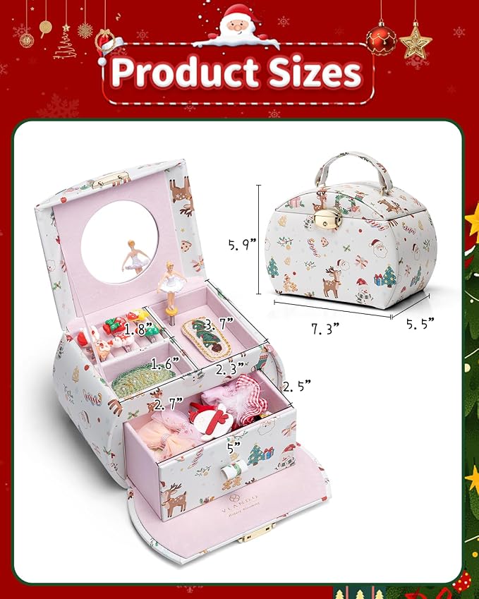 Vlando Kids Musical Jewelry Box for Girls with Drawer, Music Box with Ballerina and Stickers for Birthday Bedroom Decor, Christmas Gifts for Girls Kids - Christmas White - Image 5