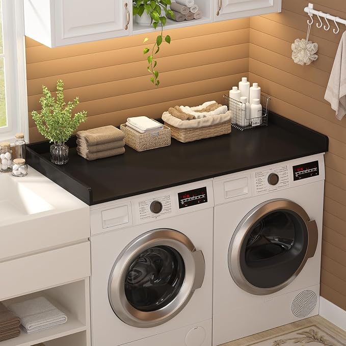 Aheaplus Washer and Dryer Countertop, Laundry Room Organization with Non-Slip Pads, Wood Shelf Topper with Round Corner Edge Rails, Folding Organizer for Laundry, 54" W x 27.5" D, Black - Image 5