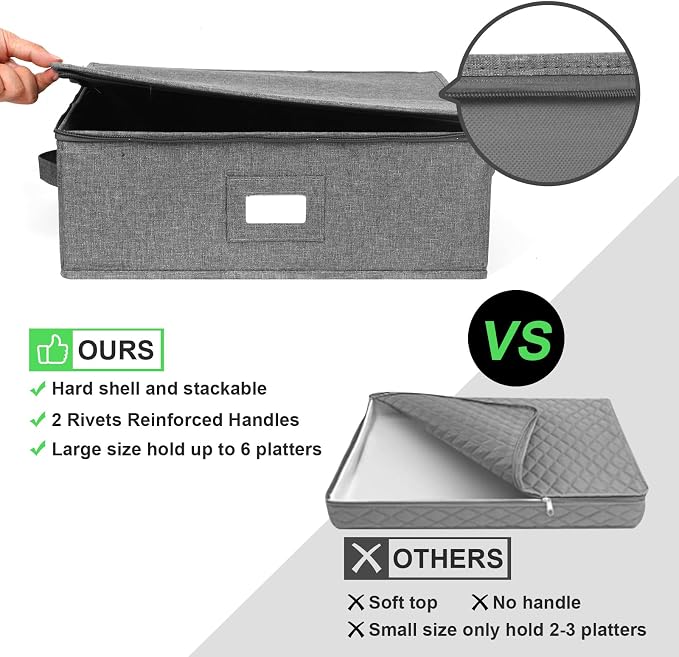 China Storage Containers Hard Shell 2 Pack, Platter Storage Case 17" x 13" x 6", 5 Felt Dividers Included, Structured Top and Stackable (Linen Grey) - Image 5