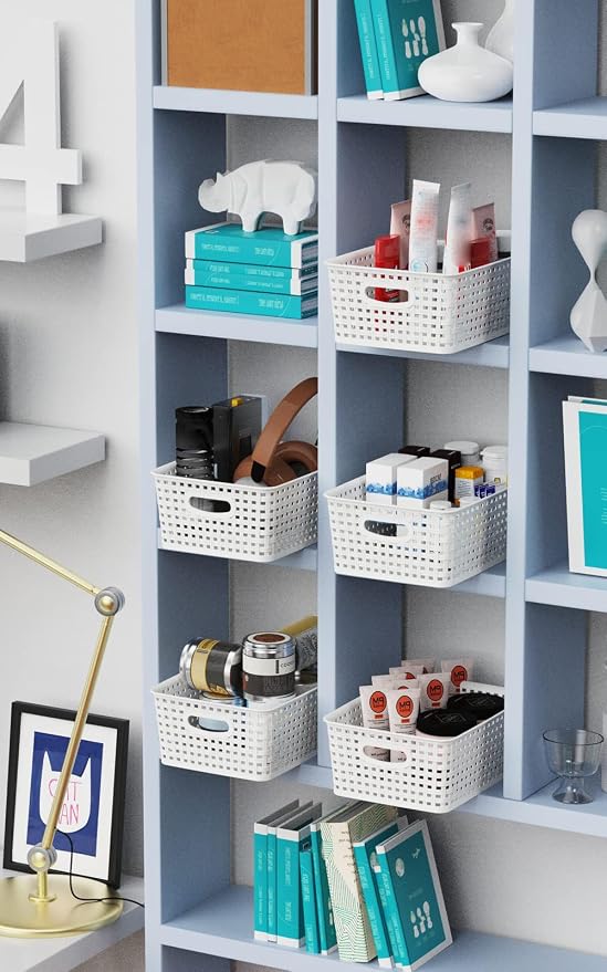 WYT Woven Plastic Storage Baskets, 6 Pack White Weave Bins Organizer, 10.1" x 7.55" x 4.1" - Image 7
