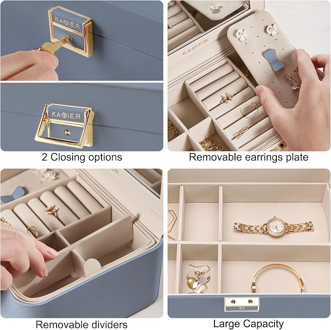 KAMIER Jewelry Organizer Box, 2 Layers PU Leather, Large Capacity, Double Lock and Large Mirror, Hidden Necklace Hooks, Removable Dividers, Gift Box Packaging,Bluish Grey - Image 3