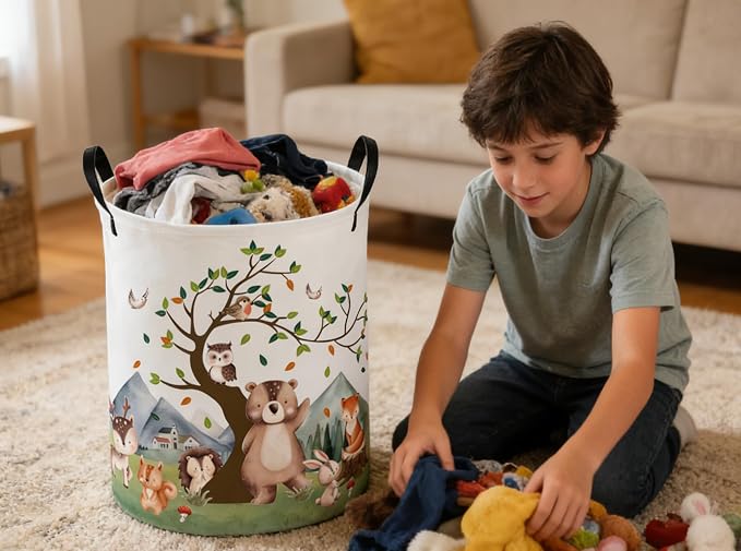 Kids Laundry Basket Animal Hamper for Nursery Woodland Hamper Cute Kids Storage Bin Organizer Room Decor for Home(Tree animal) - Image 5