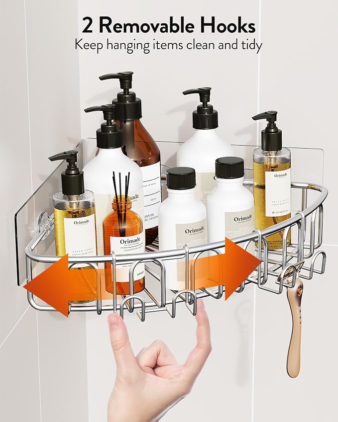Orimade Corner Shower Caddy Stainless Steel with Hooks Wall Mounted Bathroom Shelf Storage Organizer Adhesive No Drilling 2 Pack, Silver Only for 90-Degree Corner - Image 7