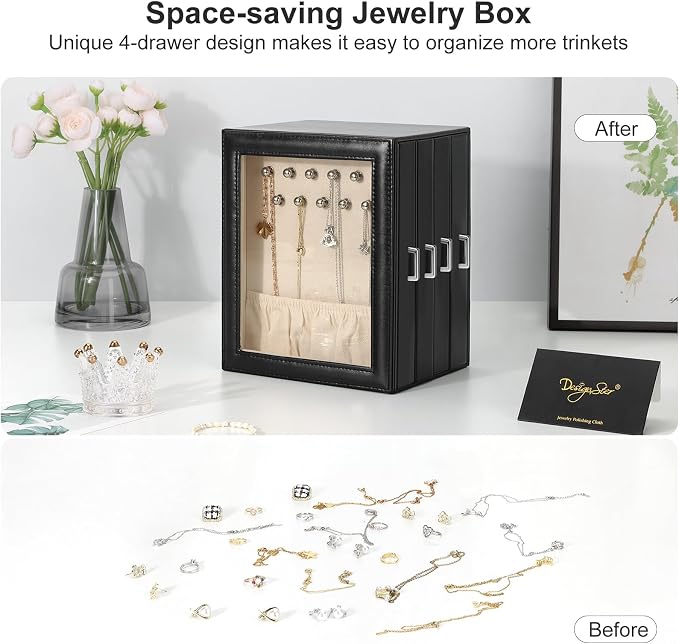DesignSter Jewelry Box Organizer, Jewelry Box for Women, PU Jewelry Organizer Display Case with Side Drawers, Jewelry Storage for Earring Necklace Ring Bracelet Watch - Image 5