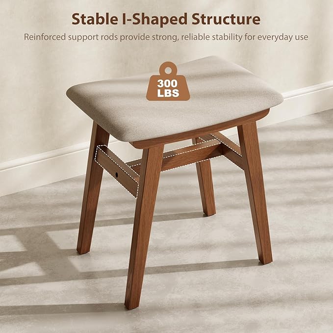 Muwuele Solid Wood Vanity Stool, Compact Makeup Chair with Saddle Cushion, Linen-Covered High Rebound Sponge Seat, Easy Assembly Footstool for Bedroom, Entryway, Home, Walnut