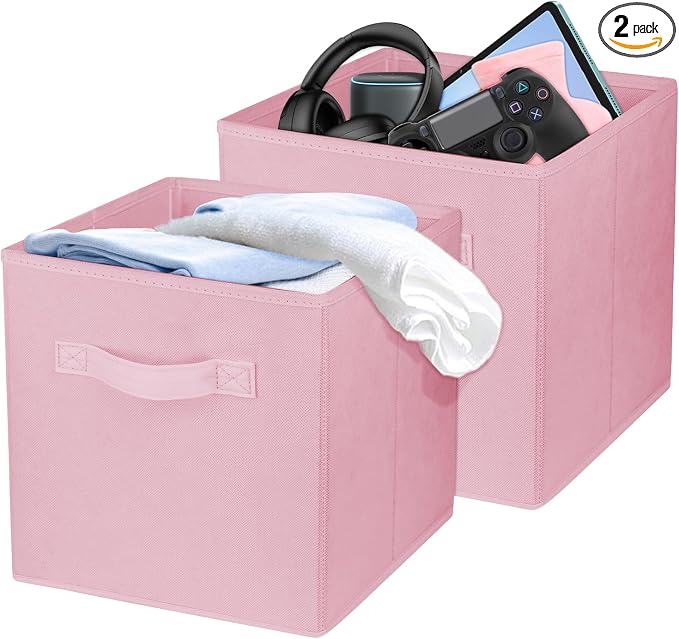 2 Pcs Storage Cubes, 10.5 Inch Collapsible Storage Bins, Fabric Foldable Bins for Organization, Durable Storage Bins for Closet, Shelves, Offices (Pink) by Zuihug