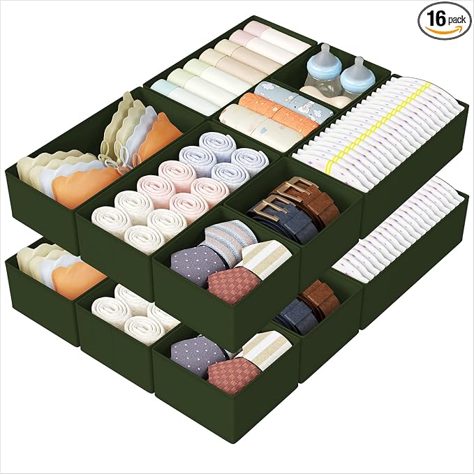 DIMJ Drawer Organizers Clothes, Set of 16 Dresser Organizer Bins, Fabric Closet Organizers and Storage, Shallow Drawer Dividers for Nursery, Clothing, Baby Clothes, Socks, Underwears, Tie (Green) by DiMJ
