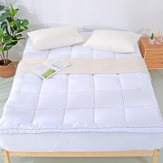 EVOLIVE Microfiber Mattress Topper Mattress Pad Pillow Cover Quilted Fitted Mattress Protector 8-18" Deep Pocket Cooling Mattress Topper (Full 75"x54"x2" Inches, White)