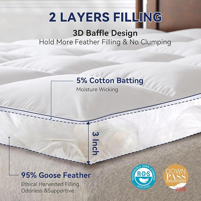 3 Inch Goose Feather Mattress Topper Queen Size, Thick Featherbed with Adjustable Bands, Plush Soft Fluffy Baffled Pillowtop, 60”x80”