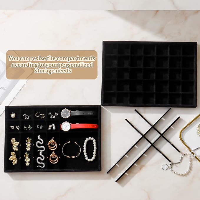 Large Velvet Jewelry Tray 2 Pack Stackable Jewelry Display Drawer Inserts Trays Organizer for Earring Bracelet Necklace Ring (Black, 35 Grids) - Image 4
