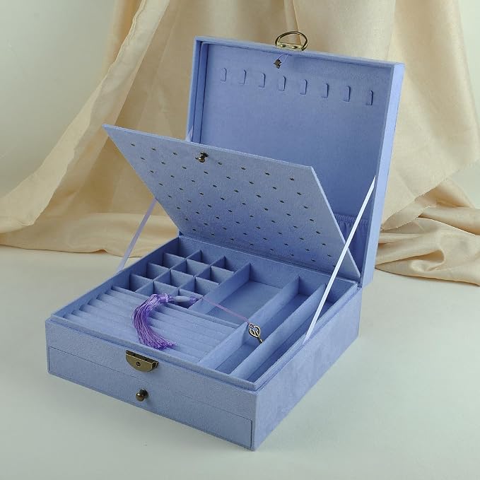 Women Jewelry Box Lockable 3 Layers Large Jewelry Organizer Storage Case for Earrings Necklaces Rings Bracelets,Green Display Jewel Holder (Lavender) - Image 2