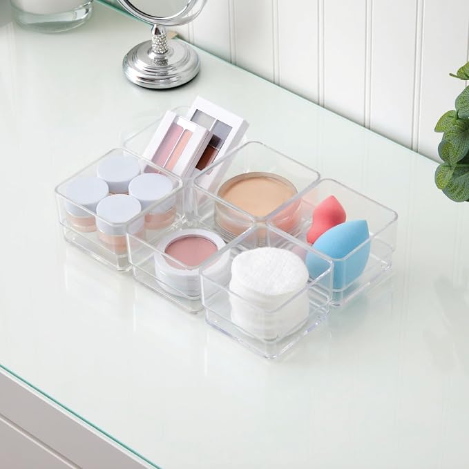 STORi SimpleSort 6-Piece Stackable Clear Drawer Organizer Set | 3" x 3" x 2" Square Trays | Small Makeup Vanity Storage Bins and Office Desk Drawer Dividers | Made in USA - Image 7