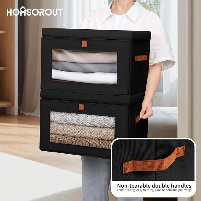 Homsorout Collapsible Storage Bins - Large Stackable Organizer Bins, Decorative Boxes with Handles & Window, Fabric Containers for Living Room, Closet, Dorm, 4 Pack, Black - Image 3
