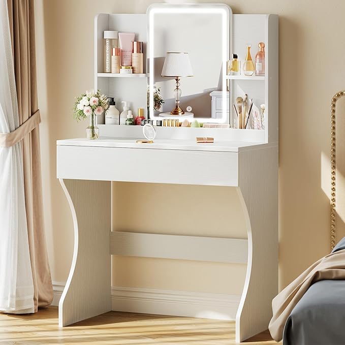 Driftalia Small Vanity Desk with Mirror and Lights, Makeup Vanity with Storage Drawer, 2 Shelves and 3 Compartments - White