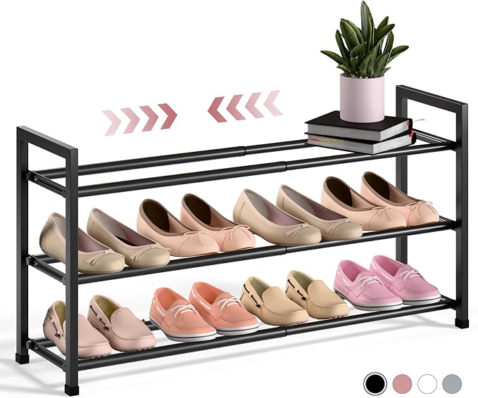 Bumusty 3-Tier Expandable Shoe Rack for Closet, 18“-33” Adjustable Shoe Rack for Small Space, Small Shoe Organizer for Front Door, Sturdy Metal, Black - Image 7