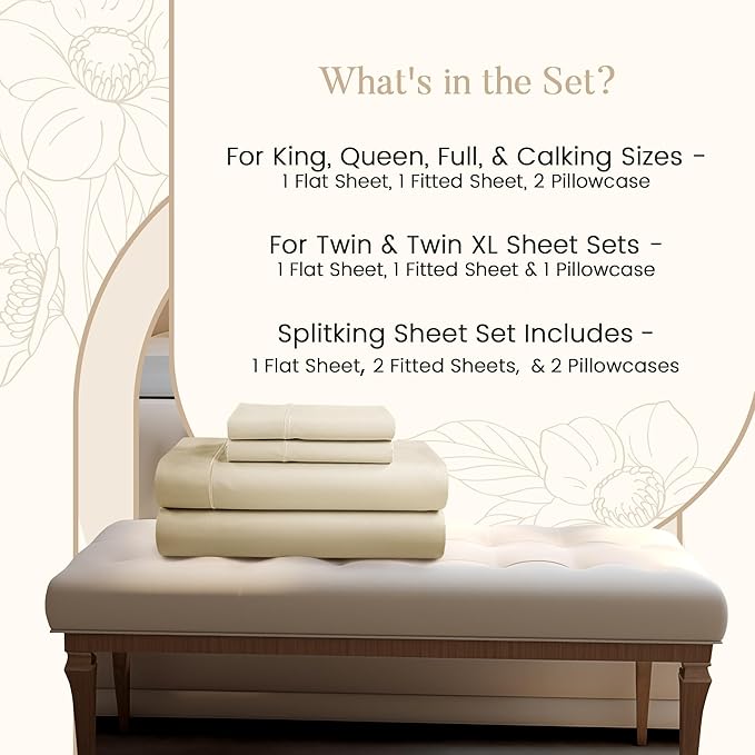 Twin XL 100% Cotton Sheets For Twin Bed, 800TC Sateen Weave 3PC Fully Elasticated Fitted Sheet & Pillowcase Sets, 15-inch Deep Pocket Sheets Machine Washable, Naturally Cool & Breathable - Ivory