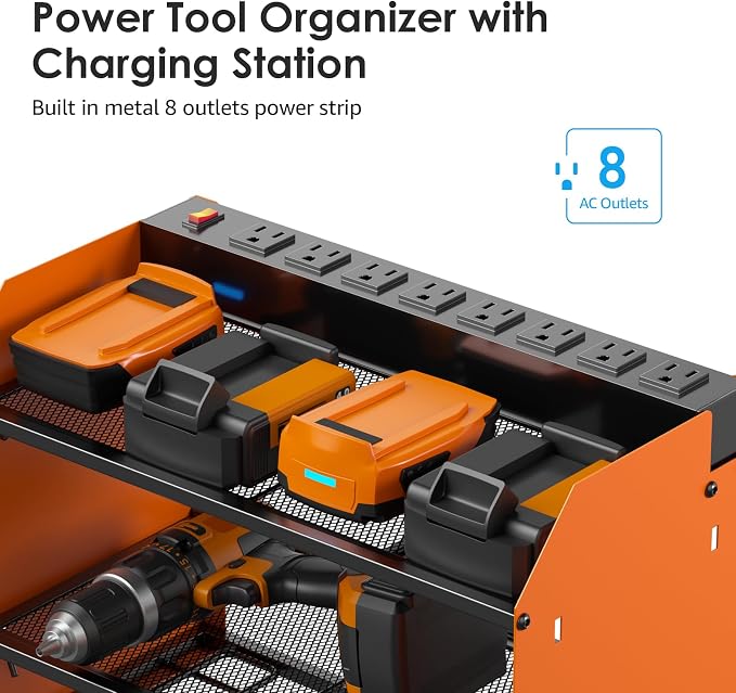 CCCEI Modular Power Tool Organizer Wall Mount with Charging Station. Garage Drill Storage Shelf with Hooks, Heavy Duty Rack, Tool Battery Holder Built in 8 Outlet. Gift for Men. Orange, 1 Pack. - Image 2