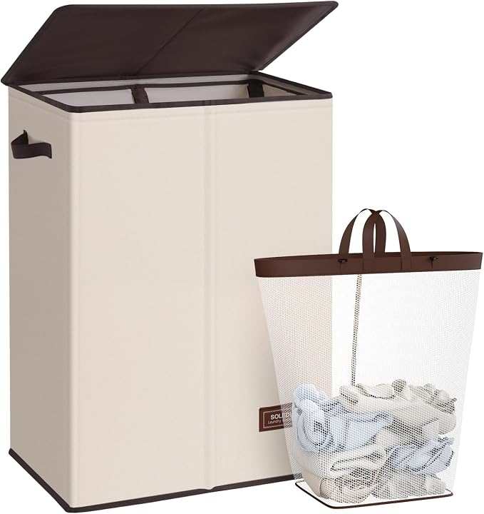 SOLEDI Laundry Hamper with Lid 130L Large & Tall Collapsible Laundry Basket, Clothes Hamper with Bag Removable Easy to Carry, Dirty Hampers for Bedroom, Bathroom, Dorm, College, Beige by SOLEDI