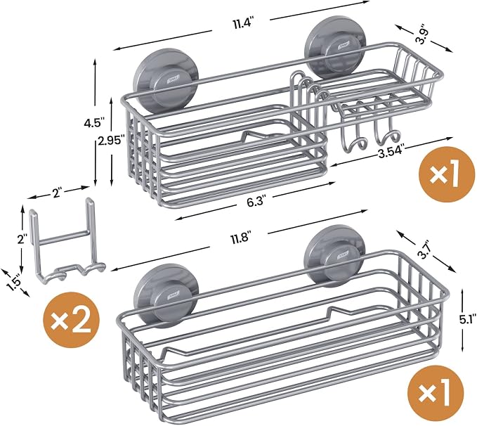 LEVERLOC Shower Caddy Suction Cup, 2 Pack Shelves for Inside with Hooks and Soap Organizer, NO-Drilling Bathroom Shelves, Rustproof Meatl Bathroom Holder, Grey - Image 6