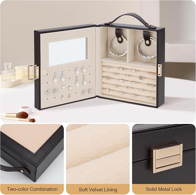 DesignSter Travel Jewelry Case for Woman, Portable Jewelry Travel Box with Mirror, PU Leather Small Jewelry Organizer with Handle for Rings Earrings Bracelets Necklaces(Black Brown & Apricot) - Image 7