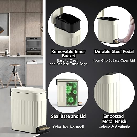 Small Bathroom Trash Can with Lid Soft Close-6L/1.6 Gal Slim Step Garbage Can-Metal Pedal Wastebasket-Narrow Rectangle Garbage Container Bin for Corner Office, Bedroom, Toilet, Live Room-Beige - Image 4