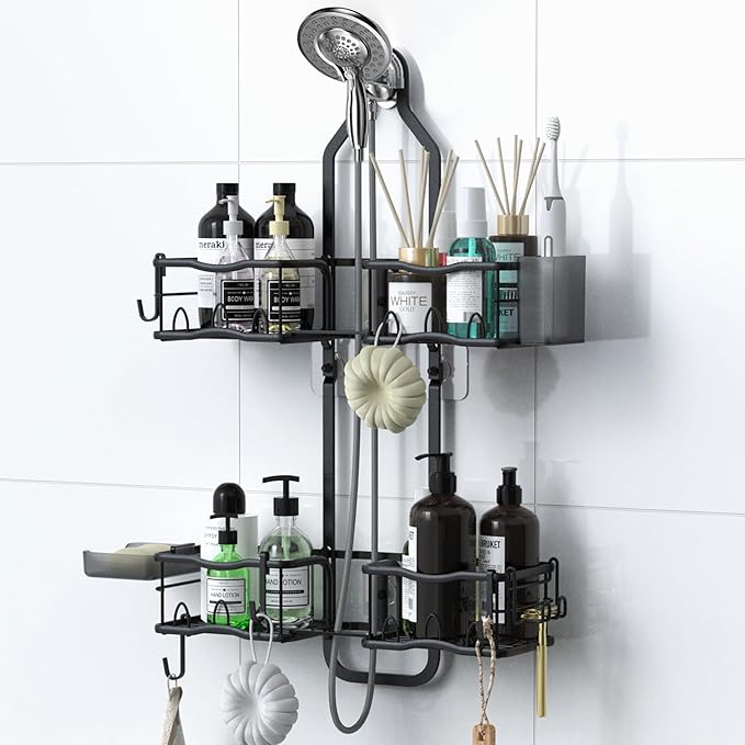 Shower Caddy Hanging Organizer, Rustproof Over Shower Head Caddy Holder with Hooks for Razor/Sponge, No Drilling Bathroom Racks Bath Storage Shelves for Shampoo Soap Towels, Black by Depecal