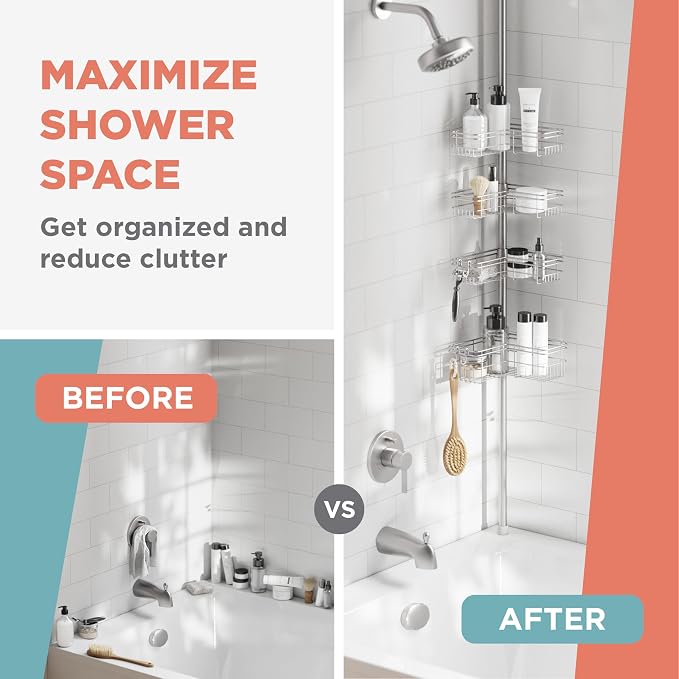 Zenna Home Tension Pole Shower Caddy Corner Organizer, Adjustable Standing Shower Caddy with 4 L-shaped Baskets and Hooks, Rust Resistant Bathroom Tension Rod Organizer, 60 to 97 Inch, Satin Nickel - Image 9