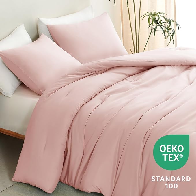 CozyLux Oversized Queen Comforter Set Blush Pink, 3 Pieces 98x98 Solid Breathable Quilted Bedding Sets All Season, Luxury Soft Lightweight Bed Set with Down Alternative Comforter and 2 Pillowcases