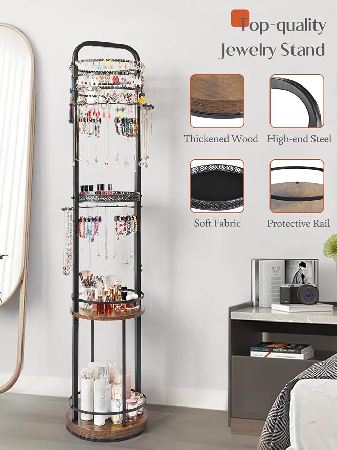 Jewelry Holder Organizer, Floor Jewelry Organizer with Earring Organizer Necklace Holder, Rotating Jewelry Stand Necklace Display Earring Storage, Large Hanging Jewelry Tree for Jewlery Bracelet Ring - Image 5