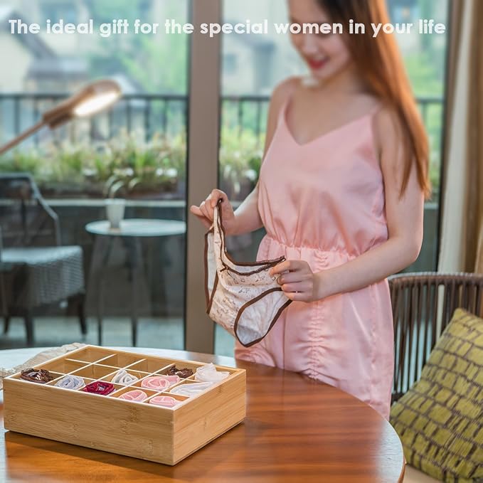 GOBAM Bamboo Closet Drawer Divider - Storage Organizer with 15 Compartments, Drawer Organizer, Storage Box for Belts, Ties, Bras, Briefs, Socks & Jewelry - Natural - Image 9