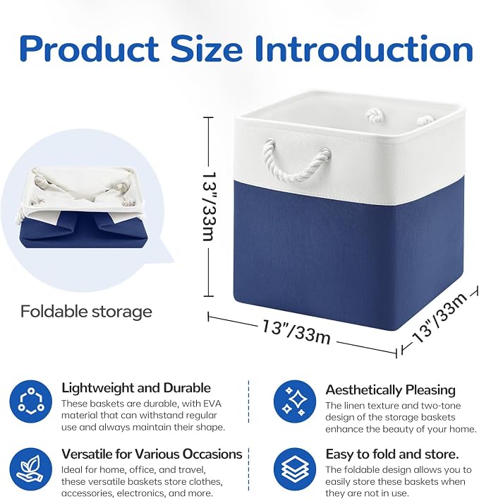 13 x 13 Inch Cube Storage Bins, 6 Pack Fabric Storage Basket with Handles, Foldable Boxes Organizer for Shelf Baskets for Home, Clothes (White/Blue) - Image 7