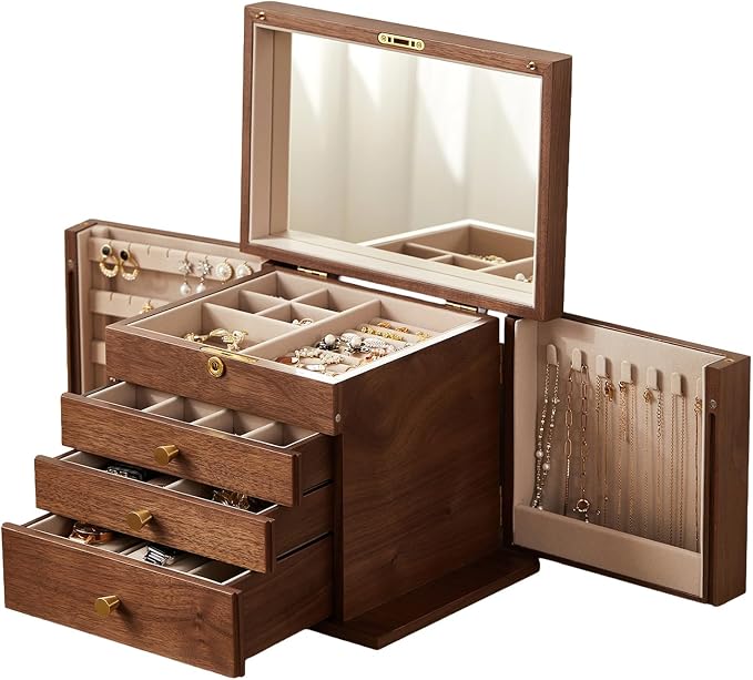 CHOSIN Black Walnut Wooden Jewelry Box, 4 Layer Lockable Wood Jewelry Organizer with Mirror, Side Doors & Brass Handle, Classical Design for Rings, Necklaces, Earrings, Mothers Day Gifts for Mom by CHOSIN