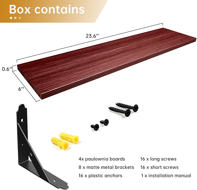 ROMGUAR CRAFT Wood Floating Shelves Set of 4, Rustic Storage Decor Wall Shelves, Wall Mounted Shelf for Living Room, Bedroom 23.6" x 6", Red - Image 3