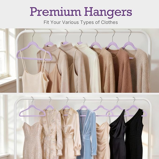 HOUSE DAY Lt-Purple Velvet Hangers 60 Pack, Non Slip Clothes Felt Hanger Heavy Duty for Coat, Premium Slim Space Saving Suit Hangers for Closet Organizer, 360° Rotating Silver Hook - Image 7