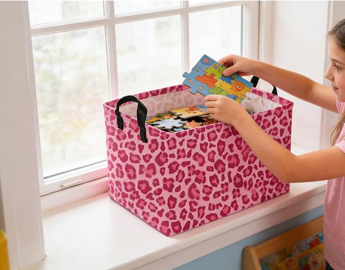 Rectangular Kids Baskets Pink Basket Cute Storage Bins Organizer Box Boys Room Decor for Home.(Pink leopard print) - Image 4