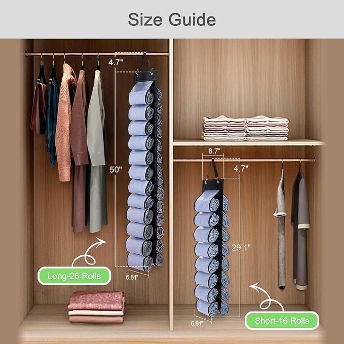 DHSFKBE Legging Organizer Storage - 2PCS T Shirt Organizer, Hanging Closet Organizers and Storage with 16 Roll Independent Compartments for Yoga Pants, Towel, Bathing Suit (Black) - Image 6