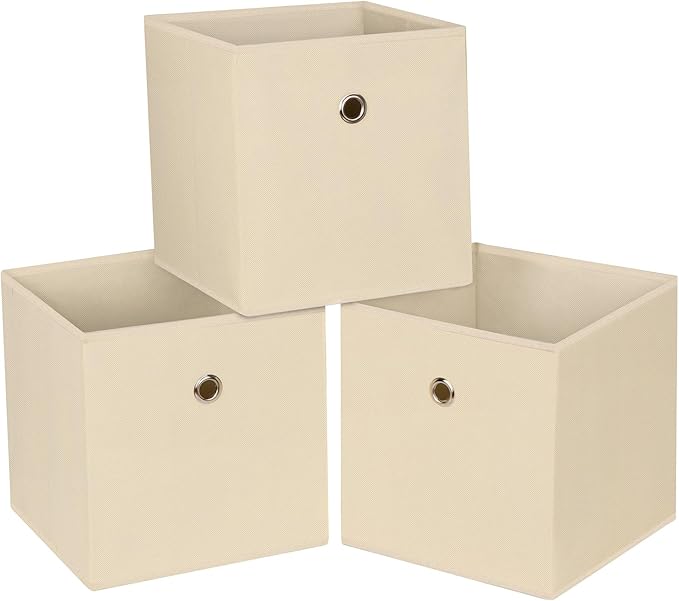 Foldable Storage Cubes Bins ,11 Inch Cloth Storage Cube Fabric Storage Box Cubes Organizer Baskets with Handles for Home Organizer Set of 3 (Creamy-White) by NieEnjoy
