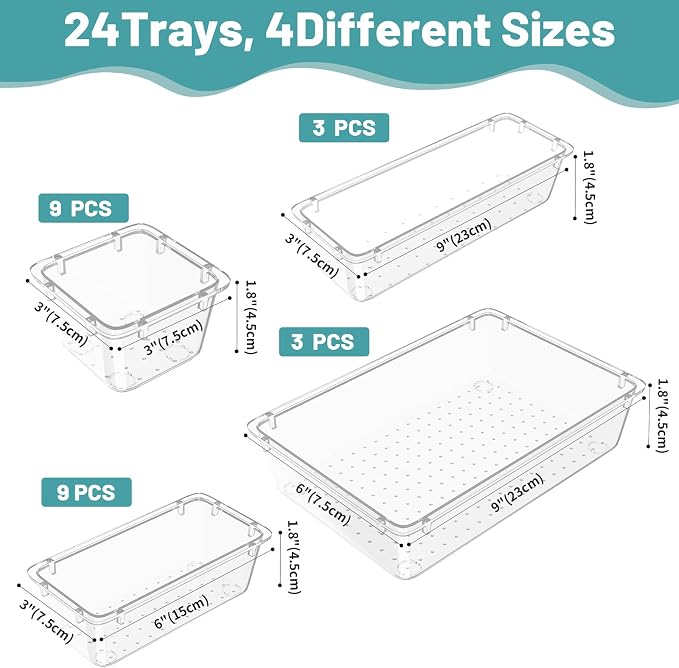WOWBOX 24 PCS Clear Plastic Drawer Organizer Set, 4 Sizes Desk Drawer Organization and Storage Containers for Makeup, Cosmetics, Jewelry and Gadgets in Kitchen, Bathroom, Bedroom, Office, Clear - Image 3