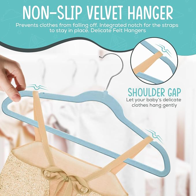 TechZoo 50 Premium Kids Velvet Hangers - 14" Non-Slip Ultra Slim Space-Saving Clothes Hangers with 360° Swivel Hook - Strong & Durable Hangers for Children & Preteens Wardrobe - Blue - Image 8