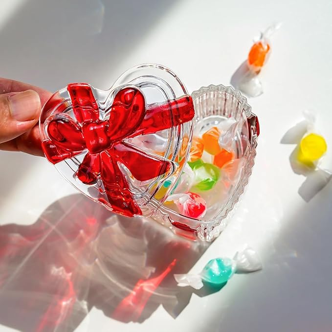 kanpura 2 Pack Glass Heart Shaped Jewelry Box Candy Dish with Lid Ring Earring Trinket Storage Box Vintage Jewelry Organizer Decorative Jar Gifts for Women Girls(Red & Clear) - Image 8