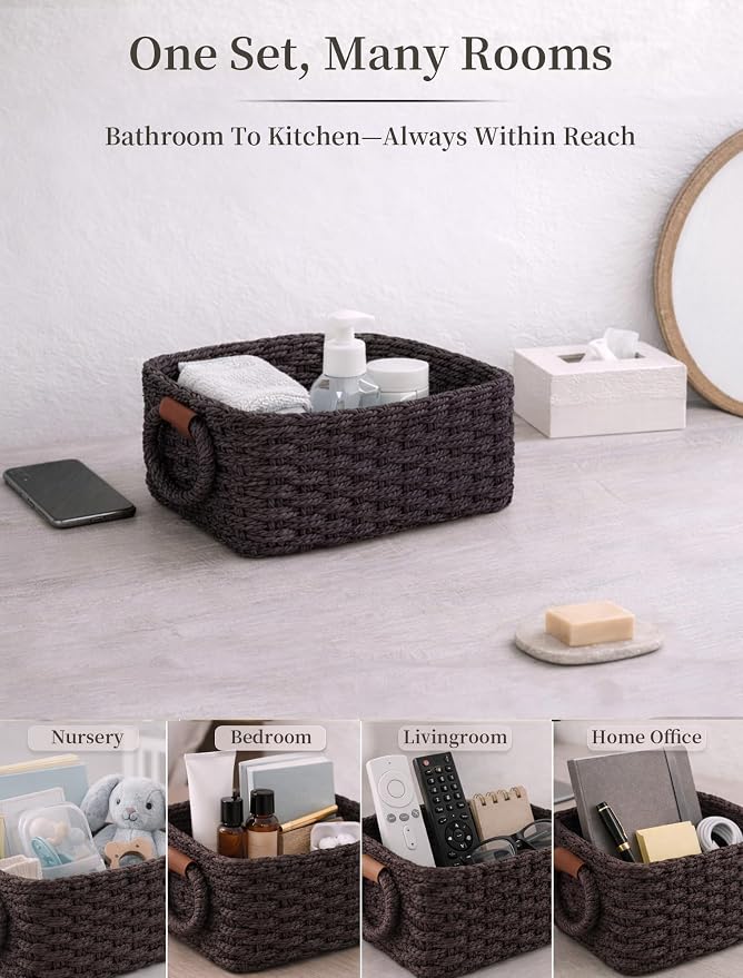 Storage Basket, Recycled Paper Rope Basket Organizer, 3Pcs Small Baskets for Organizing, Mini wicker Basket for Decorative Storage Bins, Shelves, Cabinet - Dark Brown - Image 6