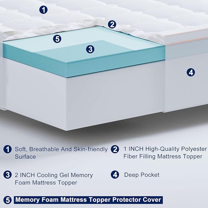 XWZO Queen Size Memory Foam Mattress Topper Dual Layer 3 Inch,2 Inch Cooling Gel Memory Foam Mattress Topper and 1 Inch Pillow Top Pad for Back Pain Relief