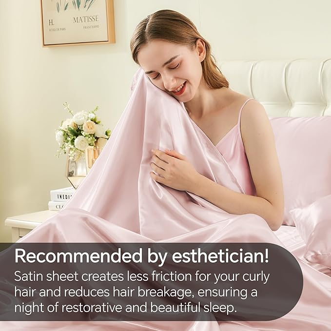 BEDELITE Satin Sheets Full Size Bed Set, Luxury Soft Pink Silky Sheets for Hair and Skin, Similar to Silk Bed Sheets Set 4 Pieces with 1 Deep Pocket Fitted Sheet, 1 Flat Sheet, and 2 Pillowcases
