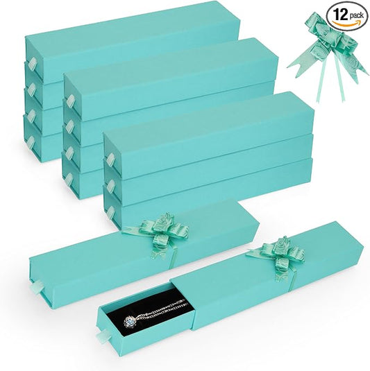 12-Pack Drawer Style Jewelry Gift Boxes with Sponge Insert, 8.7"x1.8"x1.2" Necklace & Bracelet Display Box for Presentation, Cardboard Storage Organizer for Pendant, Ring, Earring-Emerald green by MATUFF