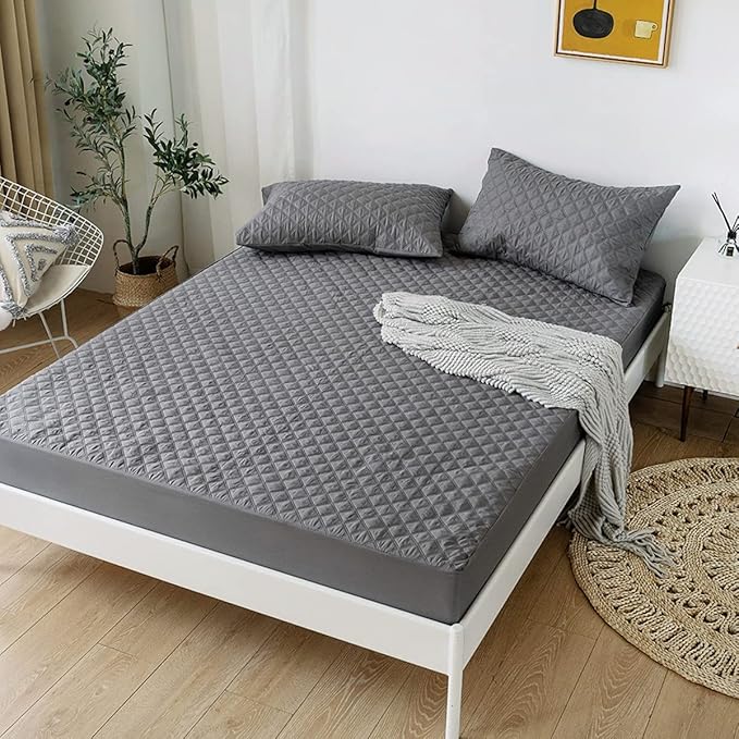 jejeloiu Grey Quilted Mattress Pad, 100% Waterproof Breathable Twin Bedding Fitted Sheet Mattress Protector 14" Deep Pocket Cotton Snow Down Alternative Filling Mattress Cover (Twin,Grey)