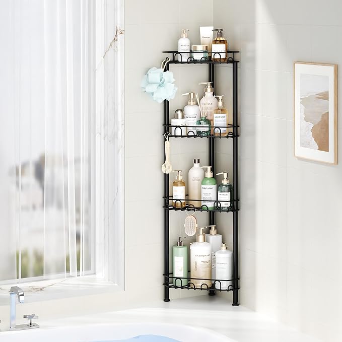 SWTYMIKI Standing Shower Caddy Corner - 4‑Tier Stainless Steel Shower Organizer Shelf with 16 Hooks and Adhesive Pads, Rustproof Corner Shelves Stand Rack for Bathroom Shower Room, Black - Image 5