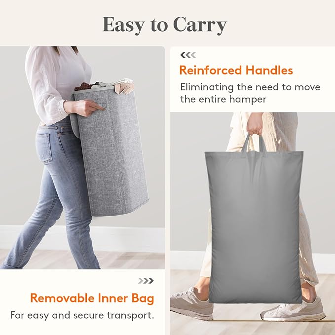 Lifewit Slim Laundry Basket with Lid, Narrow Large Laundry Hamper with Plastic Handles and Removable Bag, Tall Foldable Dirty Clothes Hampers for Laundry Room, Bedroom, Bathroom, Dorm, 65L Gray - Image 8